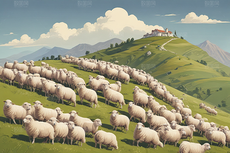 绵羊漫游山野插画图片