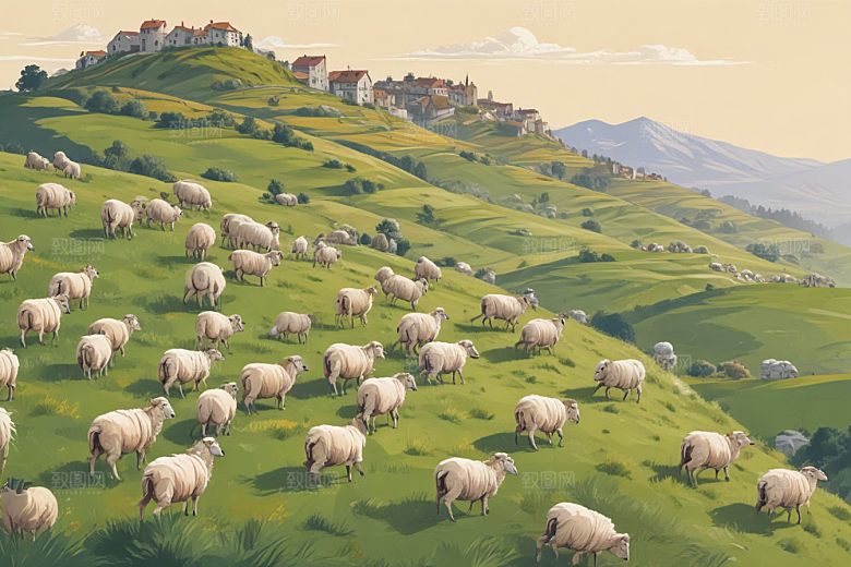 绵羊漫游山野插画图片