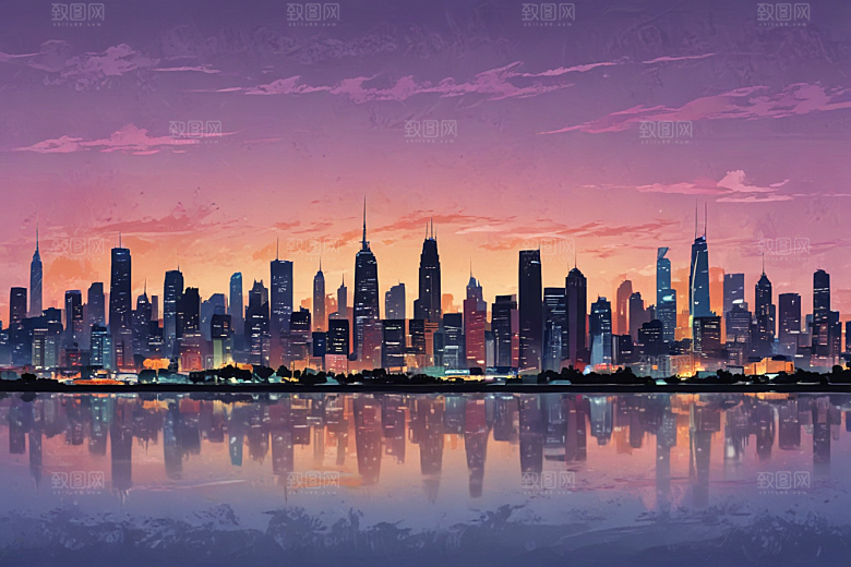 日落时分都市剪影图片