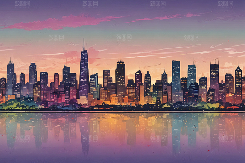 日落时分都市剪影图片