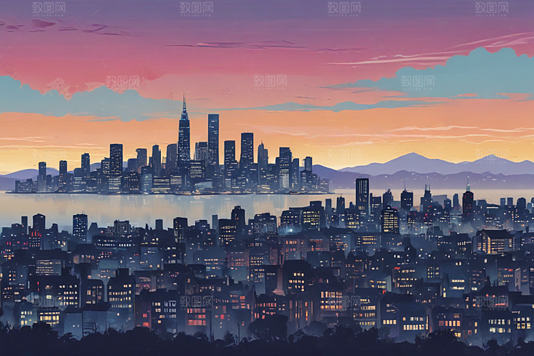 日落时分都市剪影图片