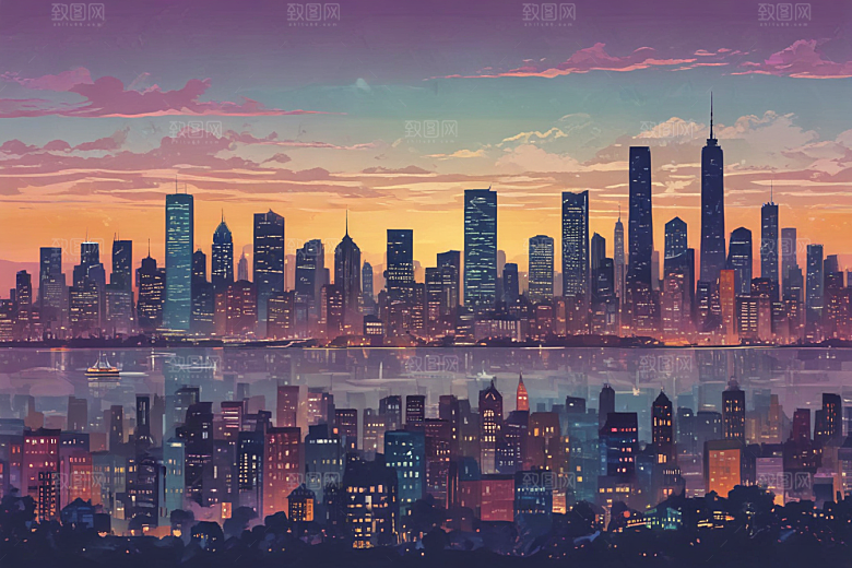 日落时分都市剪影图片