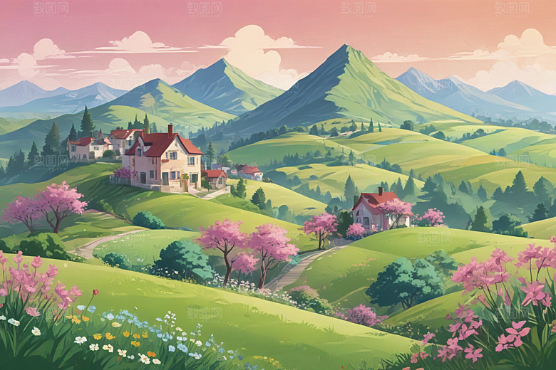 粉色花海田园小屋图片