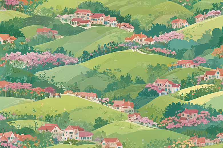 粉色花海田园小屋图片