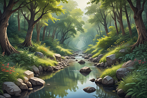 宁静森林潺潺流水图片