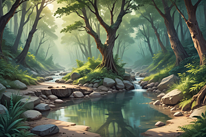 宁静森林潺潺流水图片