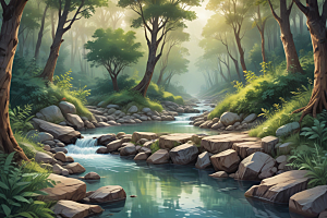 宁静森林潺潺流水图片