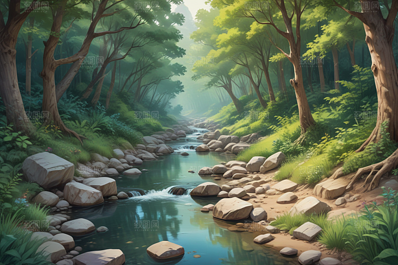 宁静森林潺潺流水图片