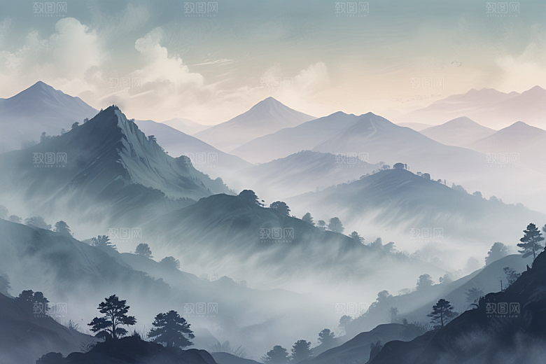 清晨薄雾连绵青山图片