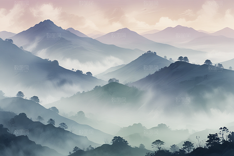 清晨薄雾连绵青山图片