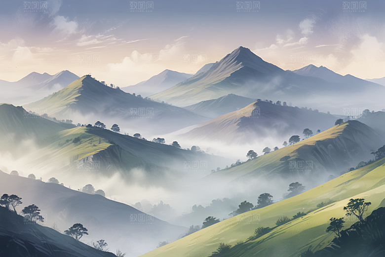 清晨薄雾连绵青山图片
