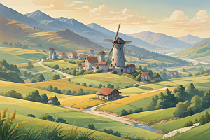 荷兰风车景观插画图片