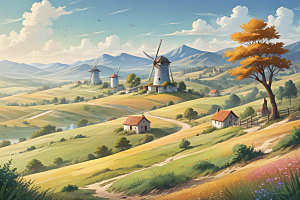荷兰风车景观插画图片