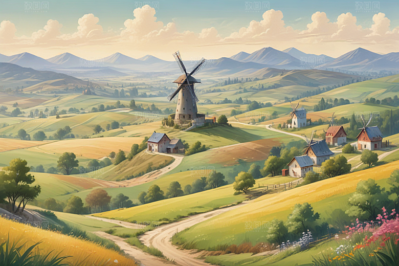 荷兰风车景观插画图片