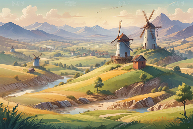 荷兰风车景观插画图片