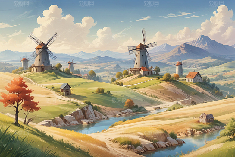 荷兰风车景观插画图片