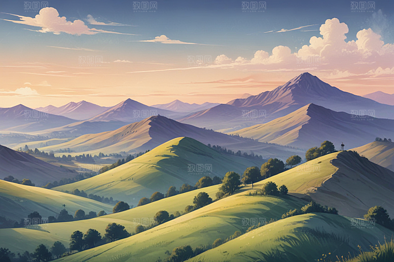 清晨阳光洒满田野风景画图片