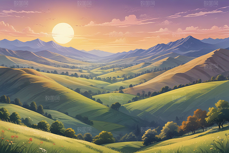 清晨阳光洒满田野风景画图片