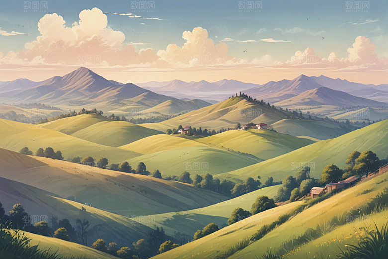清晨阳光洒满田野风景画图片