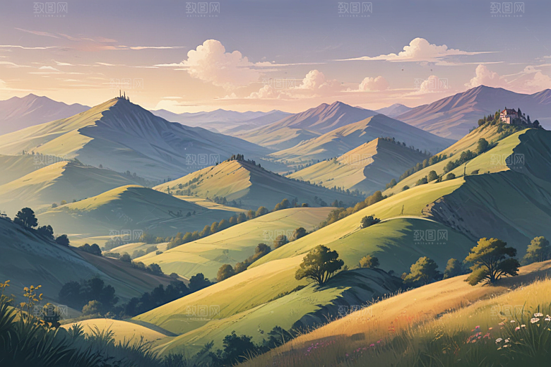 清晨阳光洒满田野风景画图片
