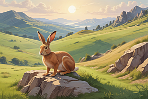 兔子在山谷自然生态绿意萌宠