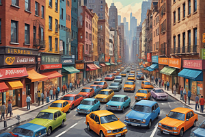 繁华城市彩色出租车图片