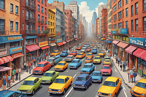 繁华城市彩色出租车图片