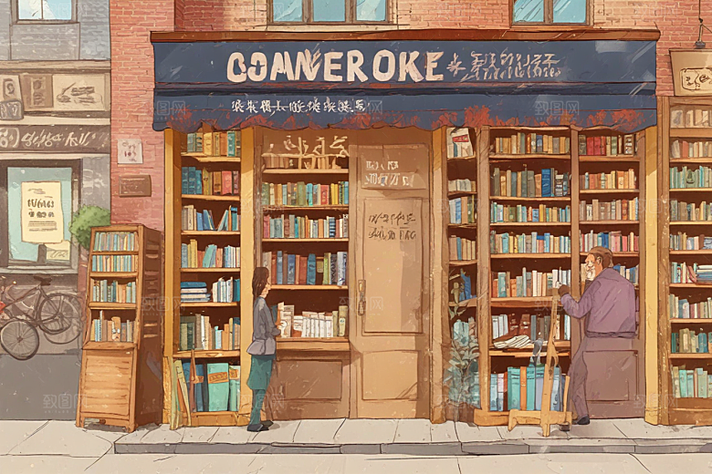 复古怀旧风格书店插画图片