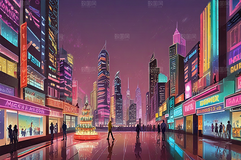 霓虹灯下城市街道图片