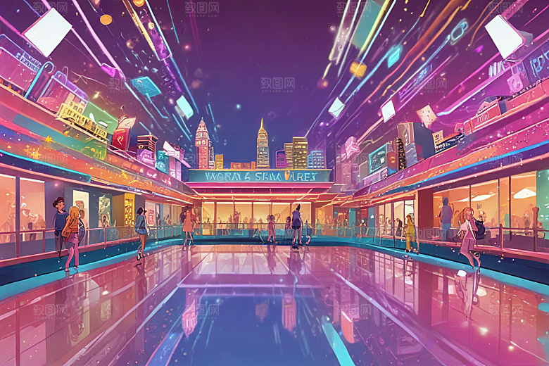霓虹灯下城市街道图片