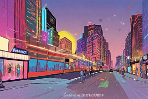 霓虹灯下城市街道图片