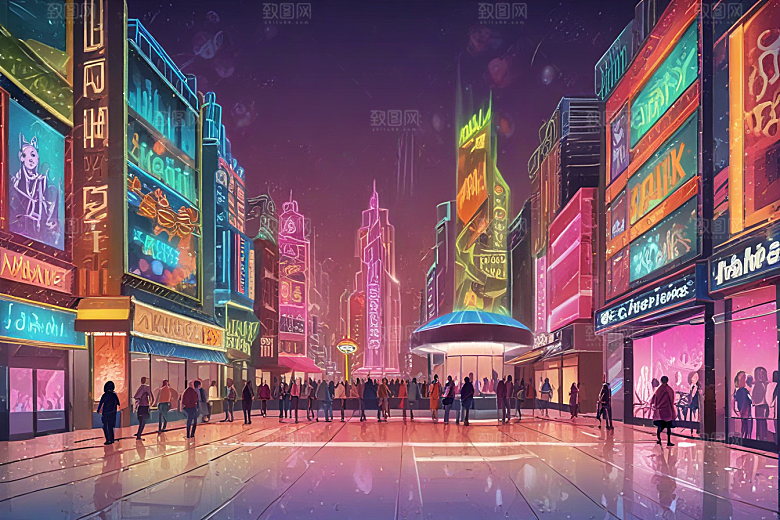 霓虹灯下城市街道图片