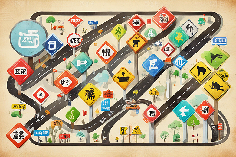创意交通标志融合道路景象图片