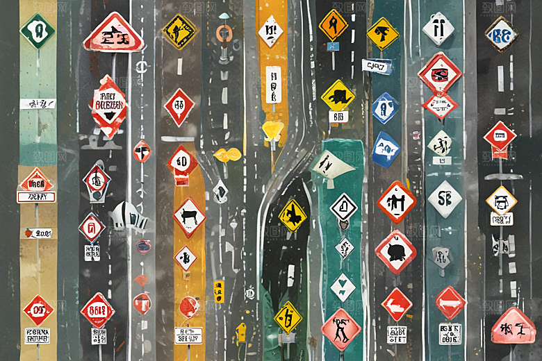 创意交通标志融合道路景象图片