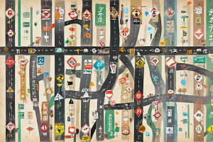 创意交通标志融合道路景象图片