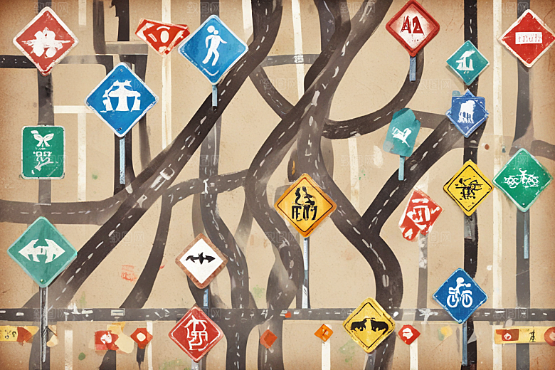 创意交通标志融合道路景象图片
