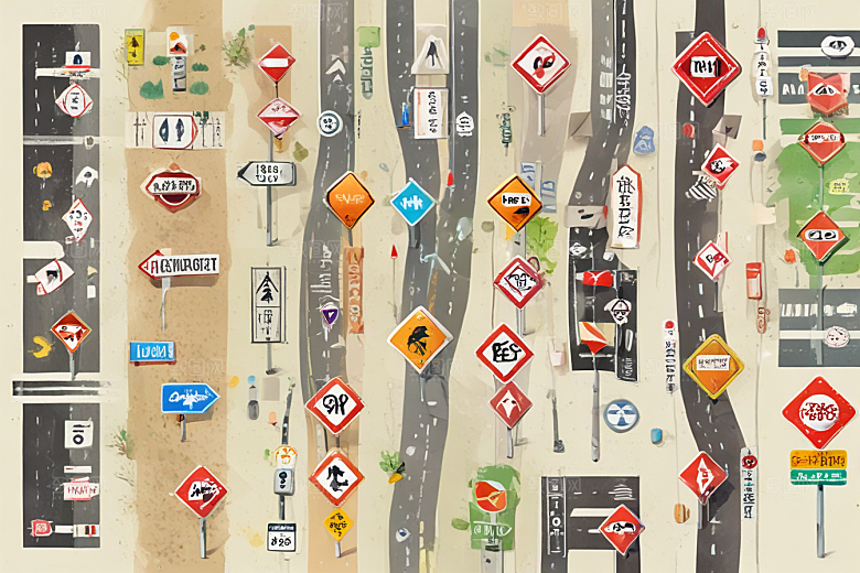 创意交通标志融合道路景象图片