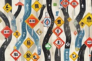 创意交通标志融合道路景象图片