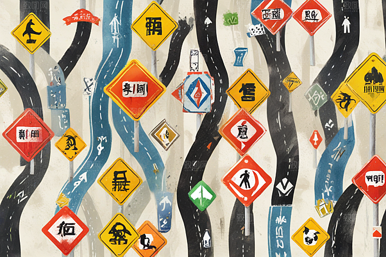 创意交通标志融合道路景象图片