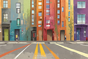 彩色建筑下的街道分界线图片