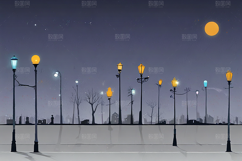 色彩斑斓的路灯点缀街道图片