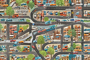 繁忙街道彩色车辆穿梭于弯曲道路图片