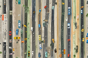 繁忙街道彩色车辆穿梭于弯曲道路图片