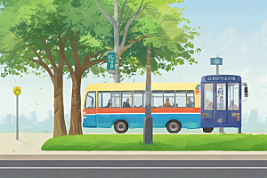 城市中的温馨一角蓝色黄色公交车站图片