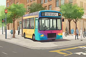 城市中的温馨一角蓝色黄色公交车站图片