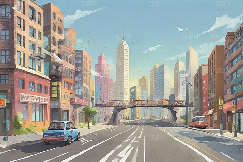 阳光下的城市天际线汽车行驶在公路上图片
