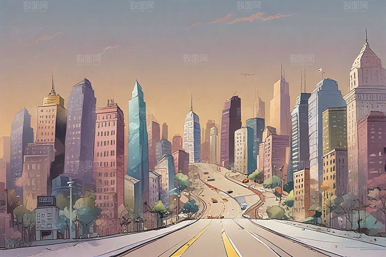阳光下的城市天际线汽车行驶在公路上图片
