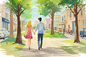 标题：浪漫城市 情侣漫步油画世界图片