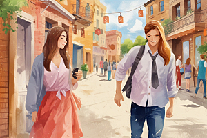 标题：浪漫城市 情侣漫步油画世界图片