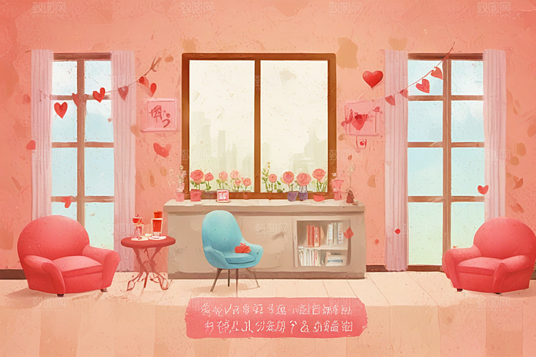 标题：浪漫满屋，甜蜜情人节布置插画图片